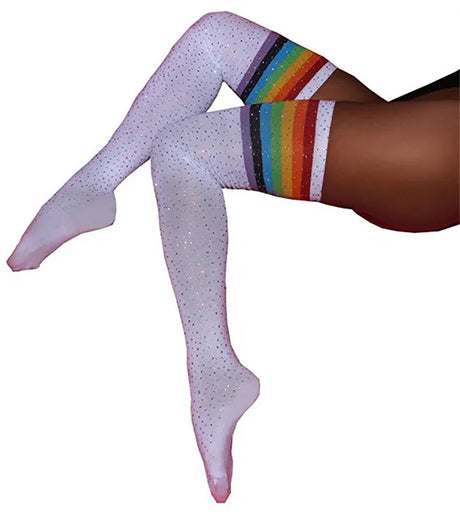 Side view of White Rainbow Thigh Highs by Femzai, highlighting colorful rainbow stripes.