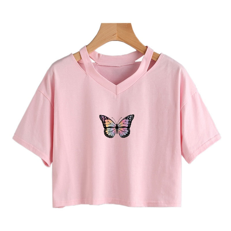 Butterfly femboy crop tee, front view, pink