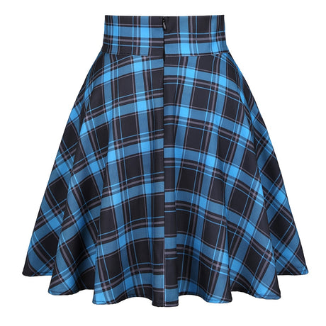 Medium shot showcasing the front view of a Femzai Plaid Blue Gothic Skirt, perfect for anyone exploring femboy clothing styles. The skirt's blue and black tartan design and flared silhouette are highlighted, with a focus on the structured waistband that ensures a flattering fit.