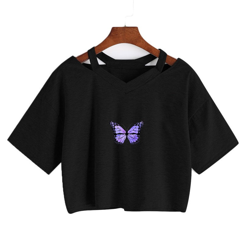 Butterfly femboy crop tee, front view, black