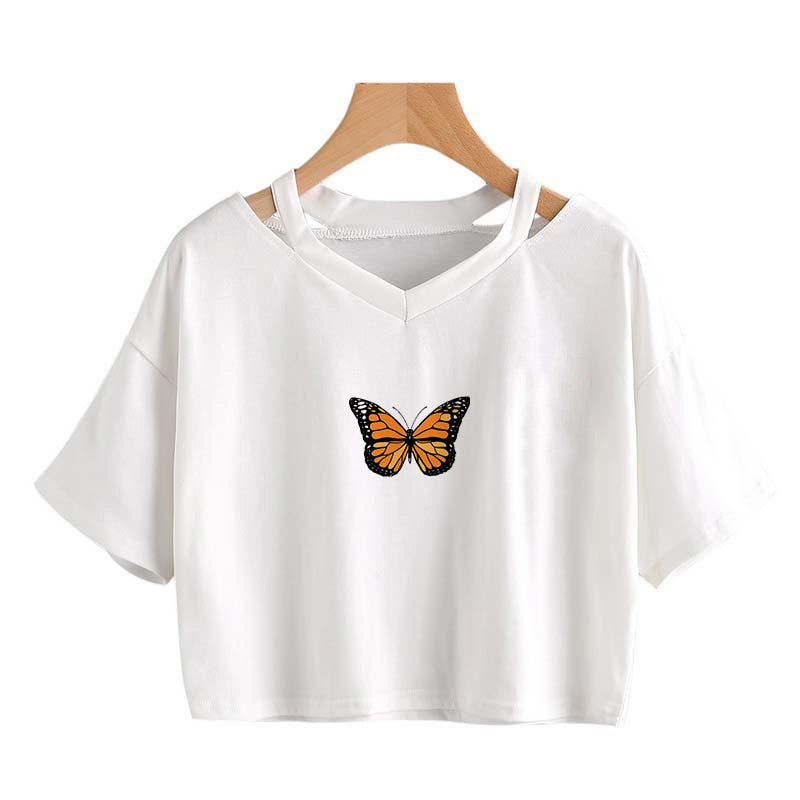 Butterfly femboy crop tee, front view, white