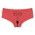 Top view of Femzai Please Charge panties in a bold red, highlighting the cheeky 'Please Charge' embroidery.