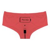 Top view of Femzai Please Charge panties in a bold red, highlighting the cheeky 'Please Charge' embroidery.