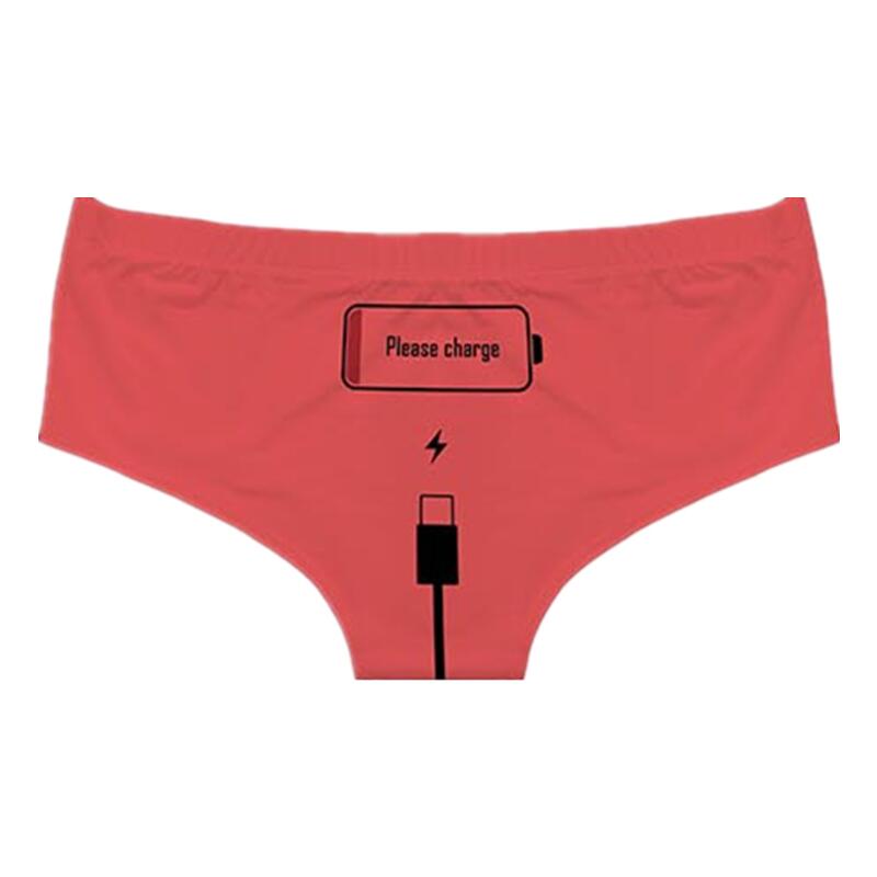 Top view of Femzai Please Charge panties in a bold red, highlighting the cheeky 'Please Charge' embroidery.