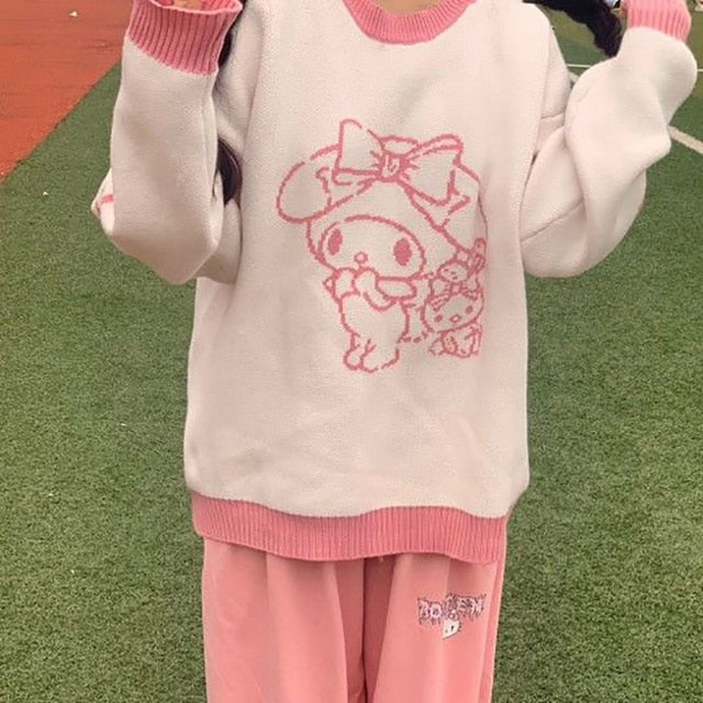 Front view of a model wearing the Femzai sweater in the My Melody design, showcasing a playful and cute style for femboy attire.