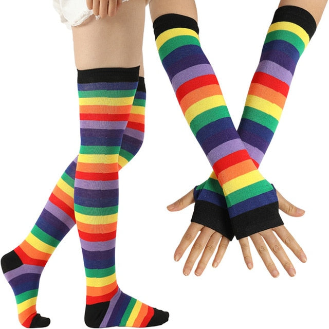 Rainbow Thigh Highs, femboy, leg view, front view, dark rainbow