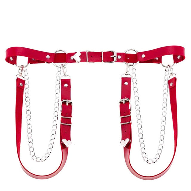 Front view of Femzai's Red Leather Chain Harness Belt, a vibrant and bold accessory for femboy clothing.