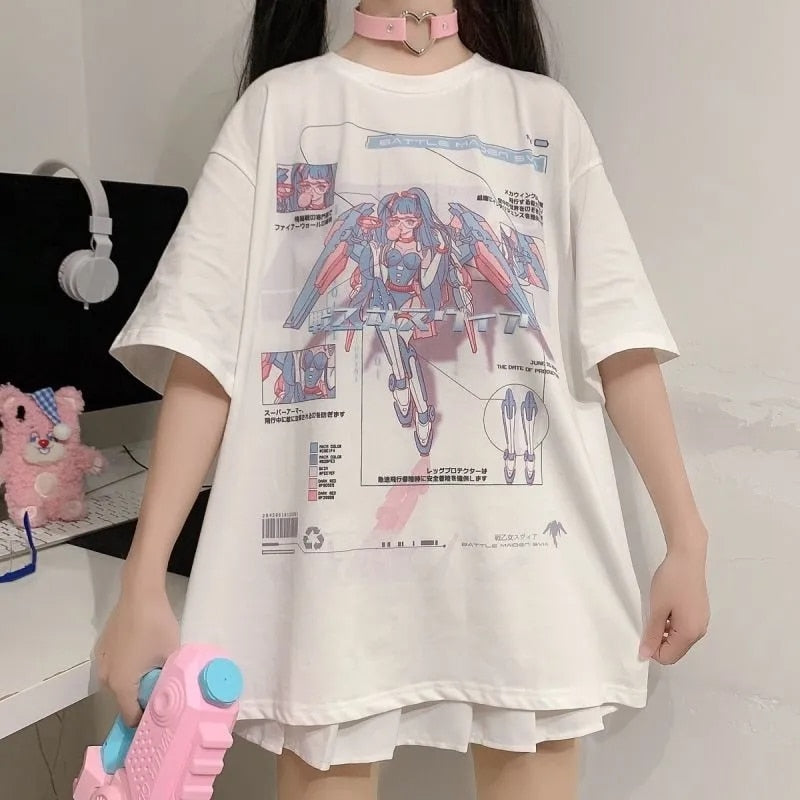 Close-up view of Femzai's Two-Sleeve Water-Gun Tee in warm colors, featuring a playful water-gun design below the face.