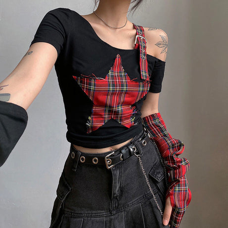 Red Plaid & Black Sleeve Top