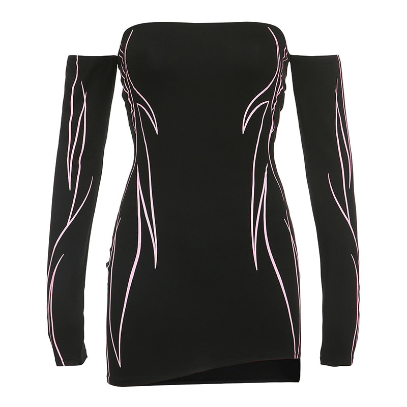 Black Print Long-sleeve Cut-out Dress - Femzai
