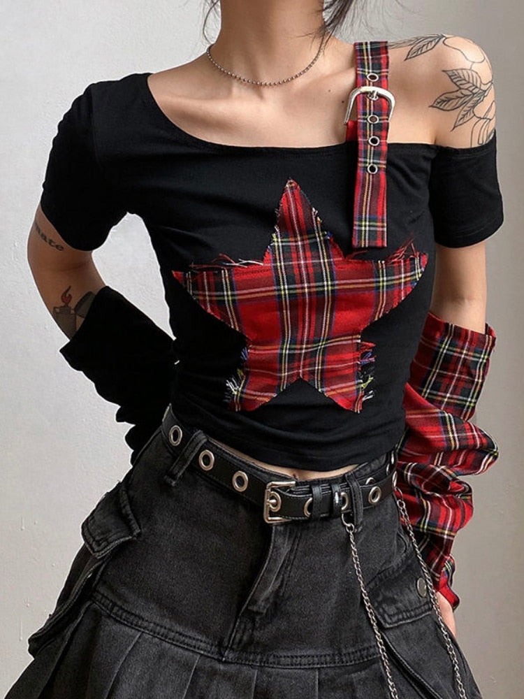 Red Plaid & Black Sleeve Top