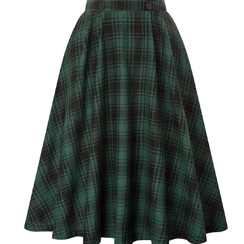 A vintage-inspired midi skirt with green and navy plaid pattern, ideal for a femboy wardrobe. The view captures the pleated design and the elegant flow of the skirt from a front angle.