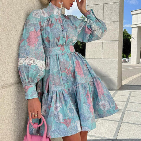 High Collar Hem Printed Dress