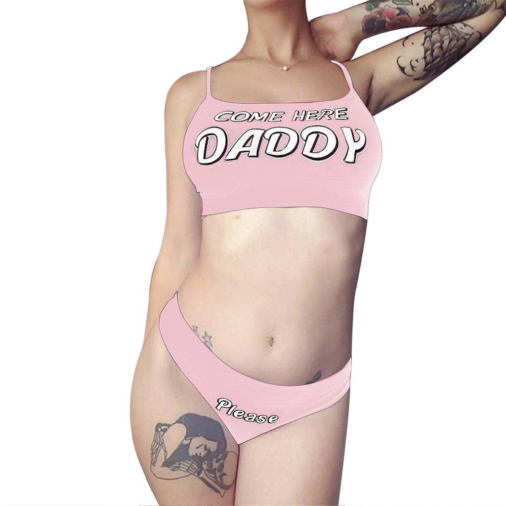 Pink 'Come Here Daddy' Vest Tops and Panties Set from Femzai, front view, highlighting the seductive cut and playful design in femboy attire.