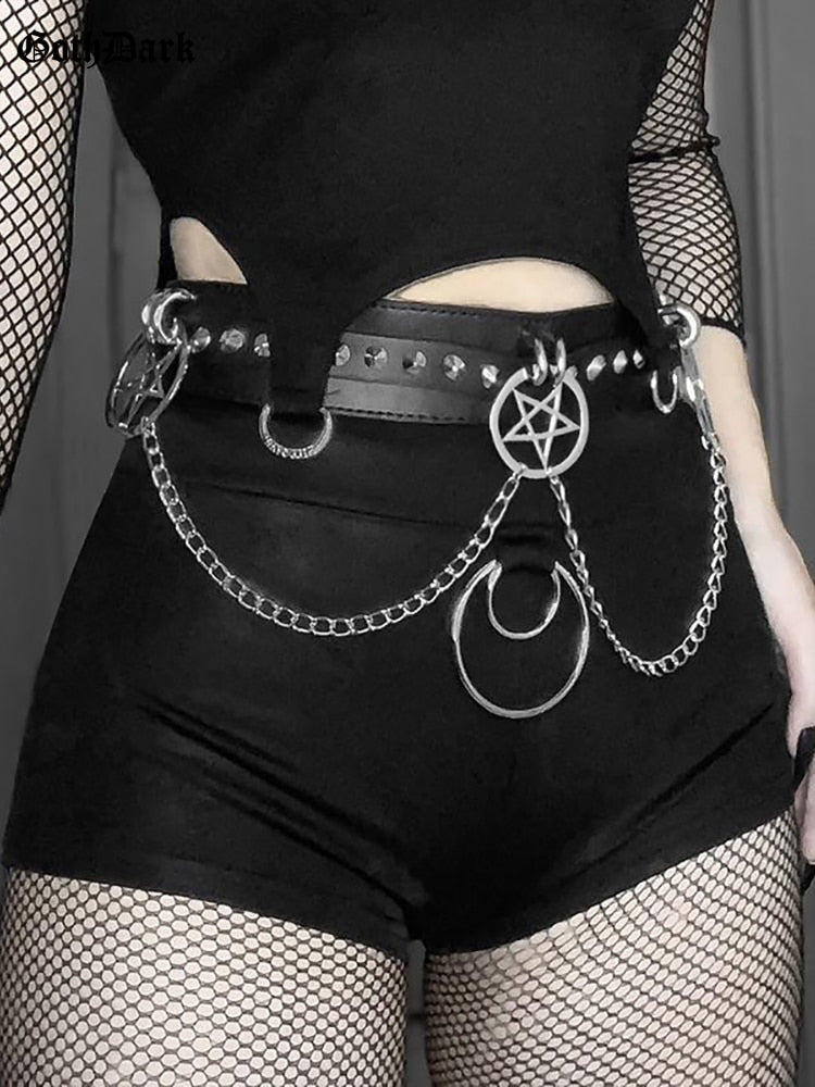 Close-up front view of Femzai's black Goth Shorts with Belt Chain, highlighting the distressed details and silver chain accent.