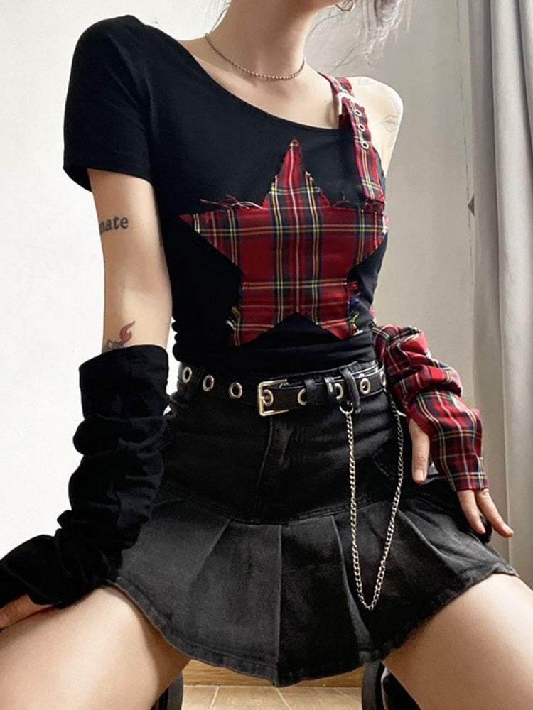 Red Plaid & Black Sleeve Top