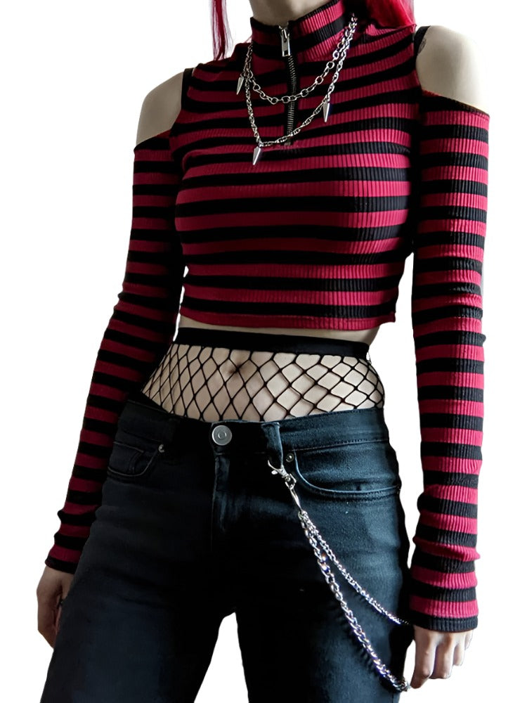 Grunge Red Striped Crop-Top: Femboy Clothing - Femzai Store