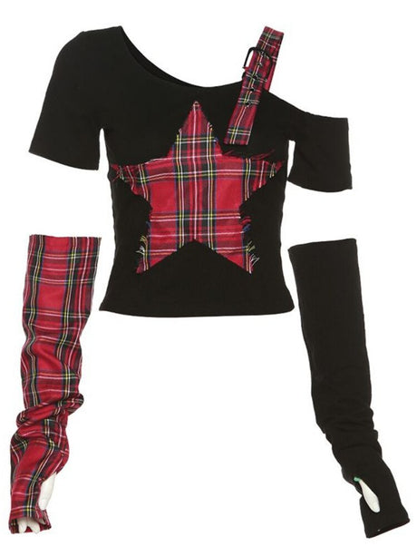 Red Plaid & Black Sleeve Top