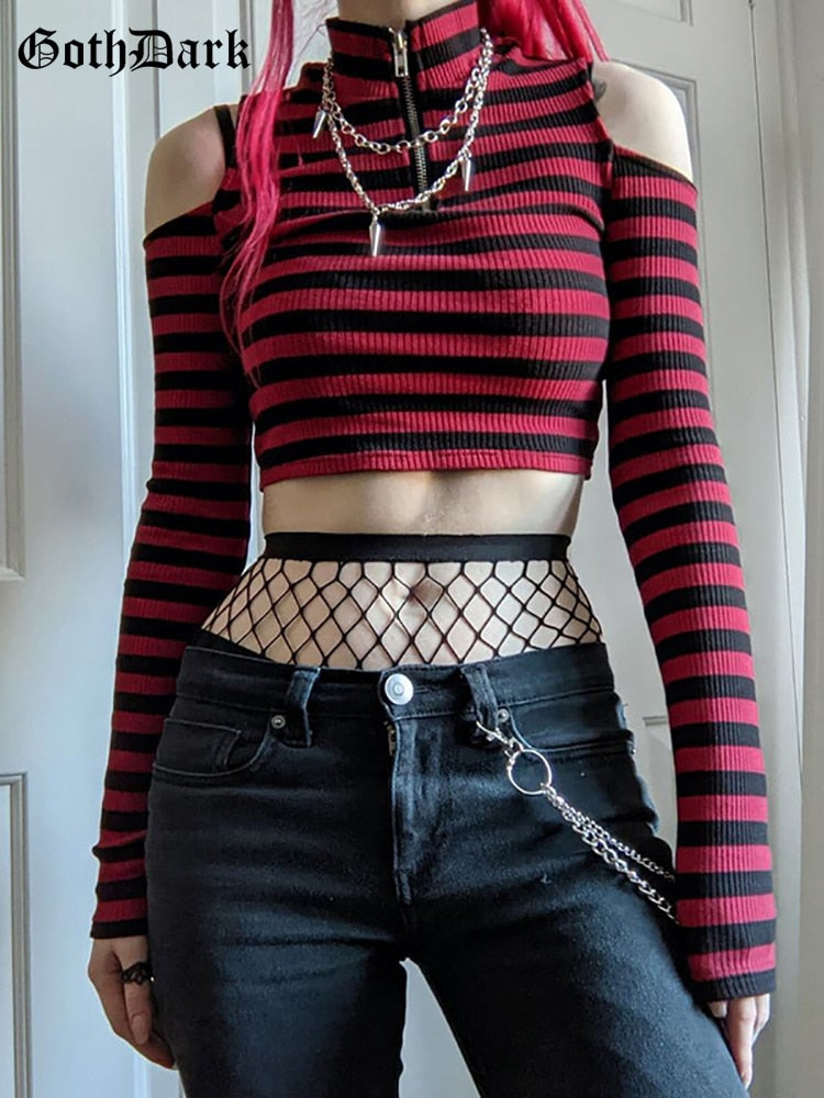 Straight-angle front view of the red Femzai Grunge Crop Top on a faceless model, exemplifying femboy attire.