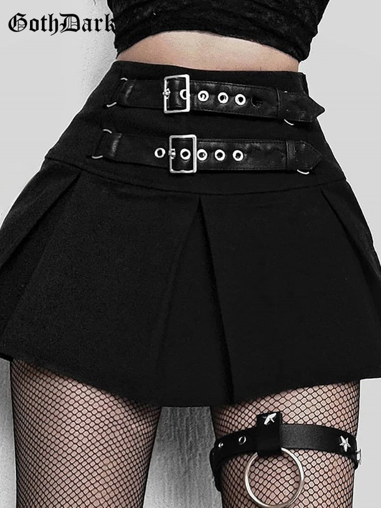 Close-up front view of Femzai's Punk Skirt with Leather Belt, showcasing intricate details and the belt's texture.