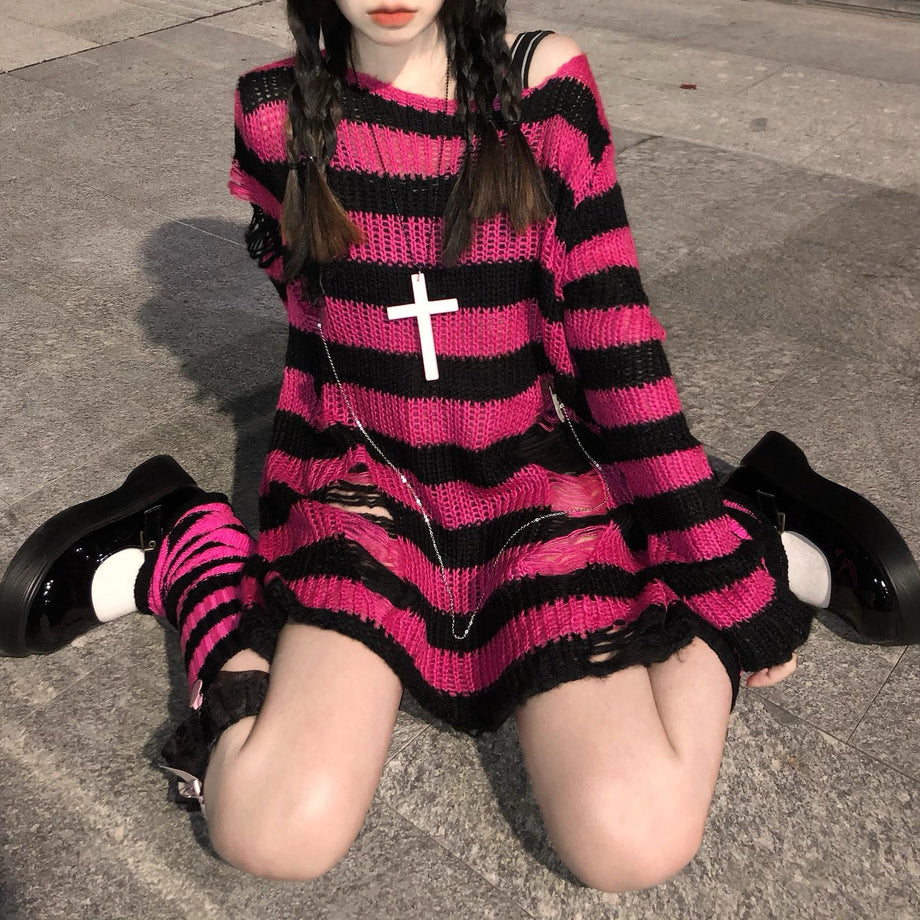 Black-Striped Loose Knitted Sweater: Femboy Clothing - Femzai Store