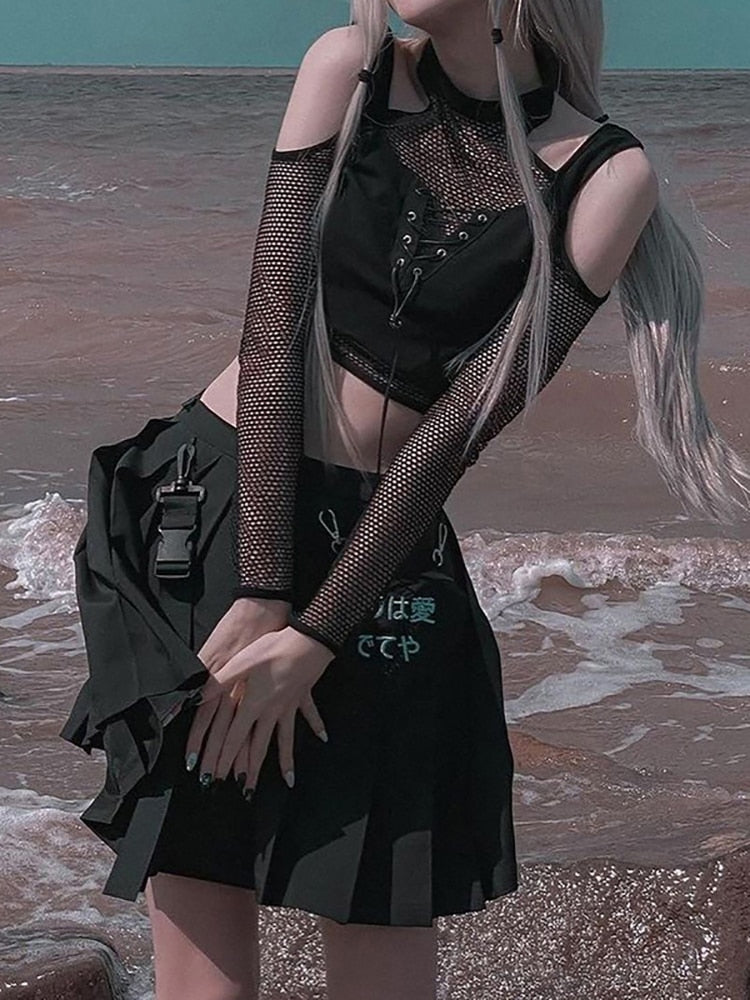 Goth Cut-Out Hollow Crop Top + Tank Top Set - Femzai