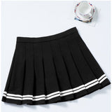 Close-up shot of a black pleated mini skirt with white stripes, part of Femzai's femboy clothing line, presented on a clean white background to highlight the skirt's crisp design and sporty aesthetic.