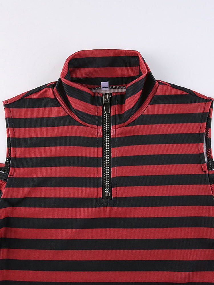 Grunge Red/Black Striped Long-sleeve Crop-Top