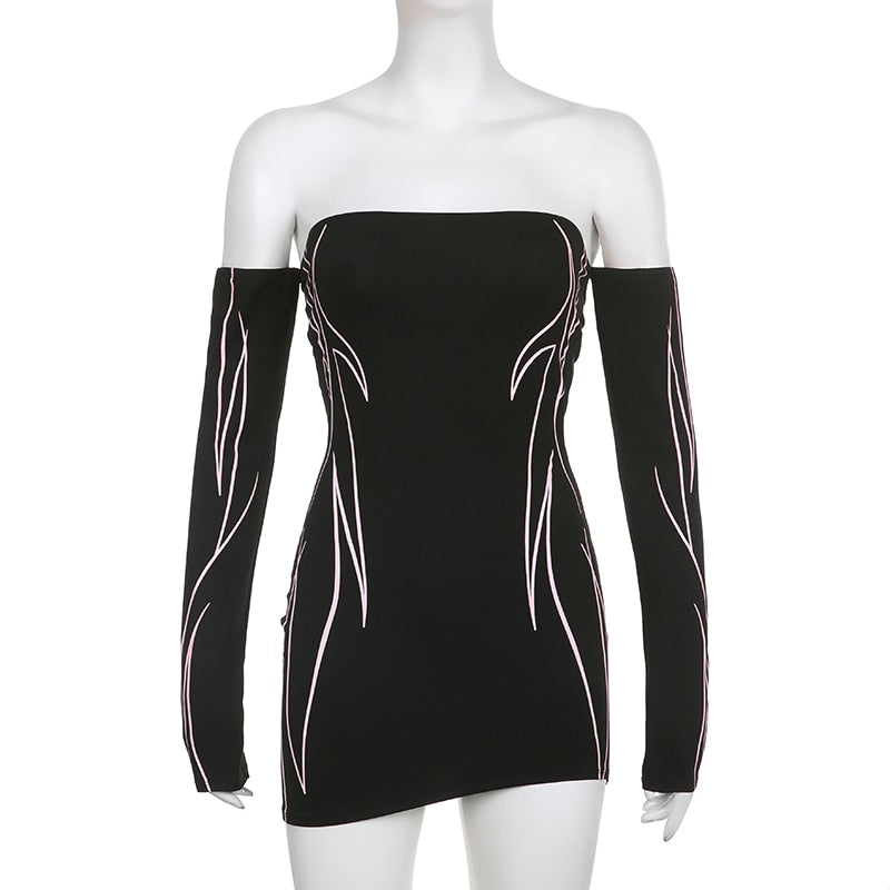 Femzai Print Black Long Sleeve Cut-out Dress - Front View Close Up on See-Through Mannequin