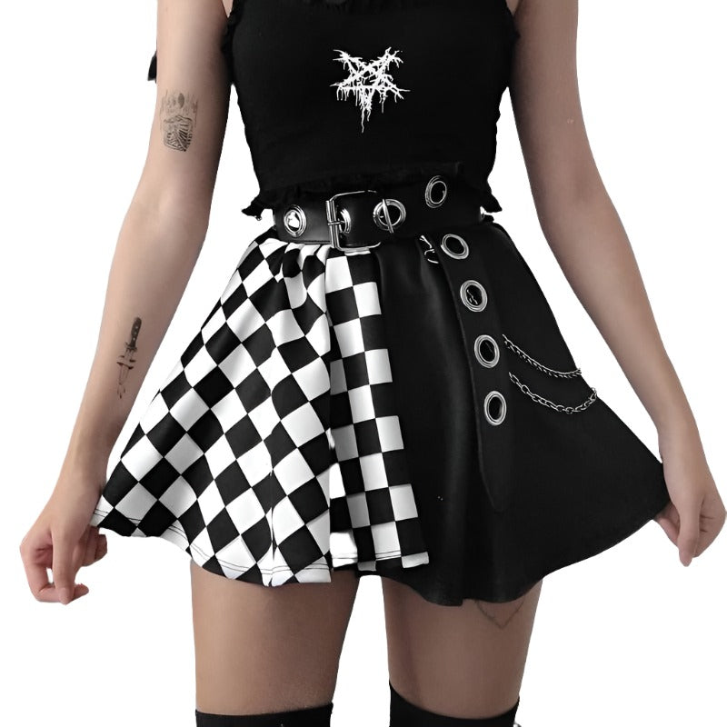 Close-up front view of Femzai Checkerboard Patterned Pleated Skirt, showcasing the distinctive chain embellishment and pattern, perfect for femboy outfits.
