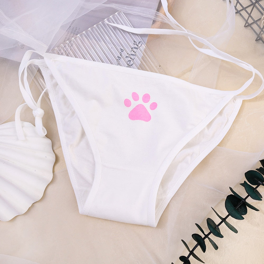 White Femzai Paw Panties - showcasing a whimsical paw print, perfect for femboy style.