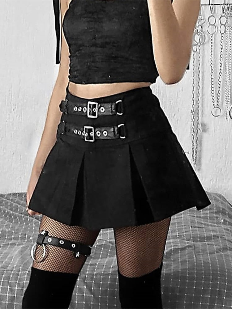 Close-up front view of Femzai's Punk Skirt with Leather Belt, showcasing intricate details and the belt's texture.