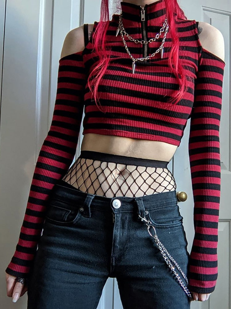 Grunge Red/Black Striped Long-sleeve Crop-Top