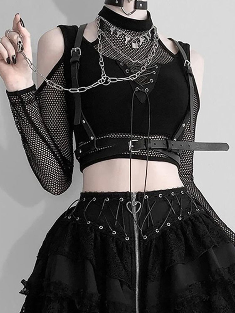 Goth Cut-Out Hollow Crop Top + Tank Top Set - Femzai Store