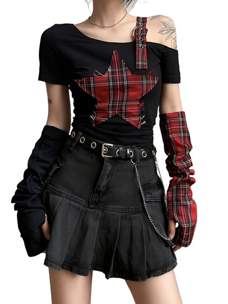 Red Plaid & Black Sleeve Top - Femzai