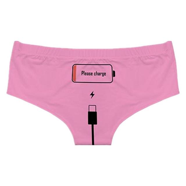 Overhead view of Femzai Please Charge panties in a soft pink, emphasizing the fun and flirty embroidery on the back.