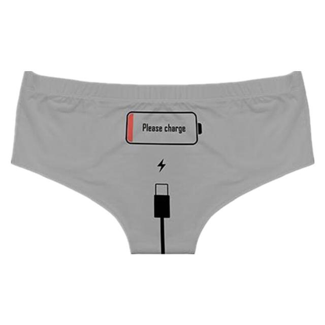 Flat lay of Femzai Please Charge panties in a neutral gray, focusing on the 'Please Charge' embroidery on the back.