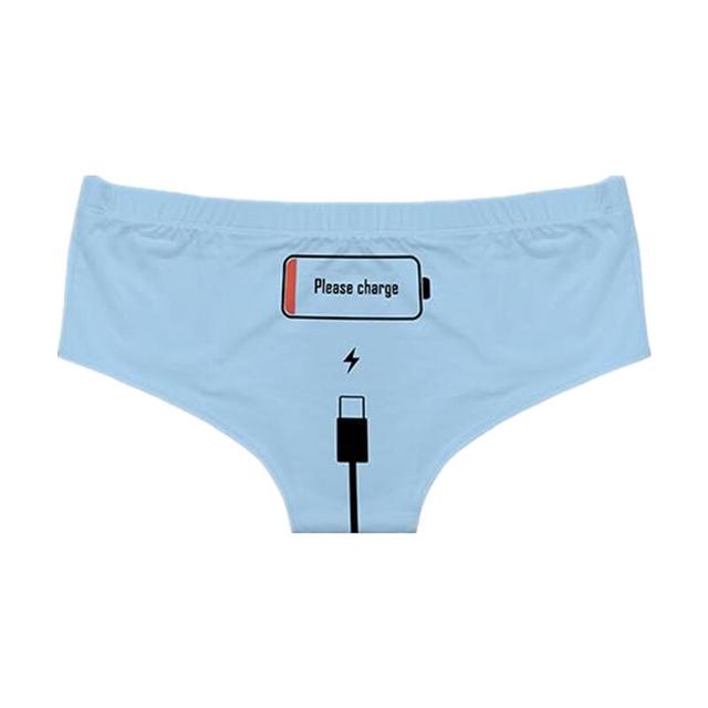 Flat lay of Femzai Please Charge panties in a vibrant blue, focusing on the fun 'Please Charge' embroidery on the back.