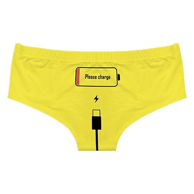 Top view of Femzai Please Charge panties in a bright yellow, highlighting the playful and cheeky embroidery detail.