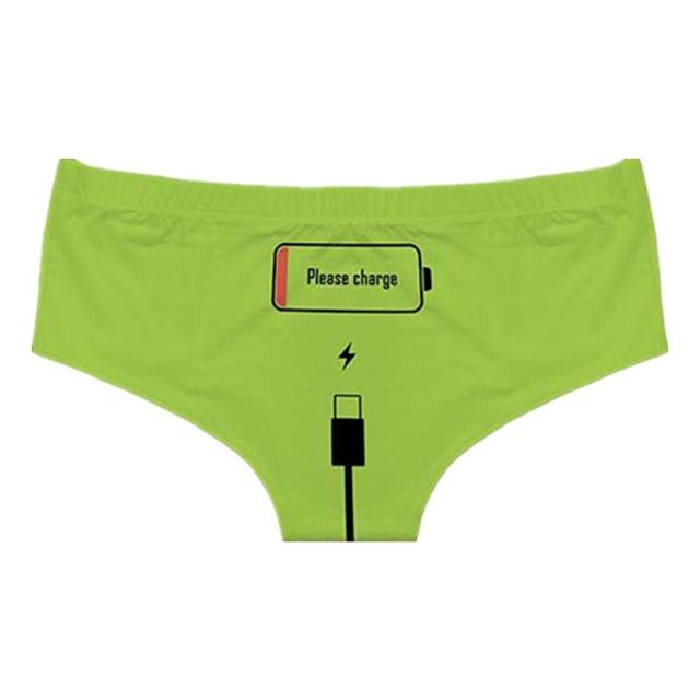 Overhead shot of Femzai Please Charge panties in a fresh green color, featuring the whimsical 'Please Charge' embroidery.