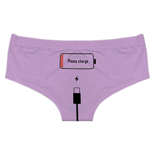 Flat lay of Femzai Please Charge panties in a rich purple, showcasing the cheeky 'Please Charge' embroidery.