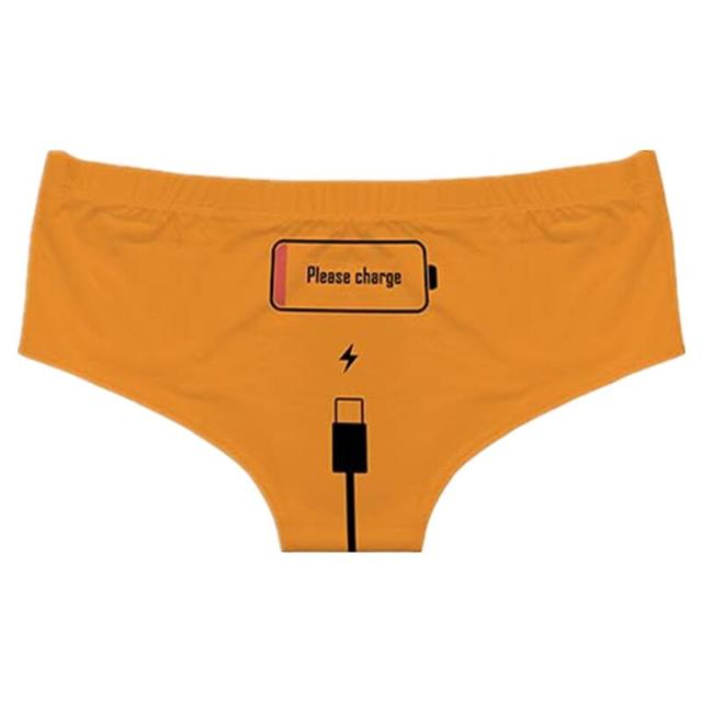 Overhead shot of Femzai Please Charge panties in a vibrant orange, featuring the whimsical and cheeky 'Please Charge' embroidery.