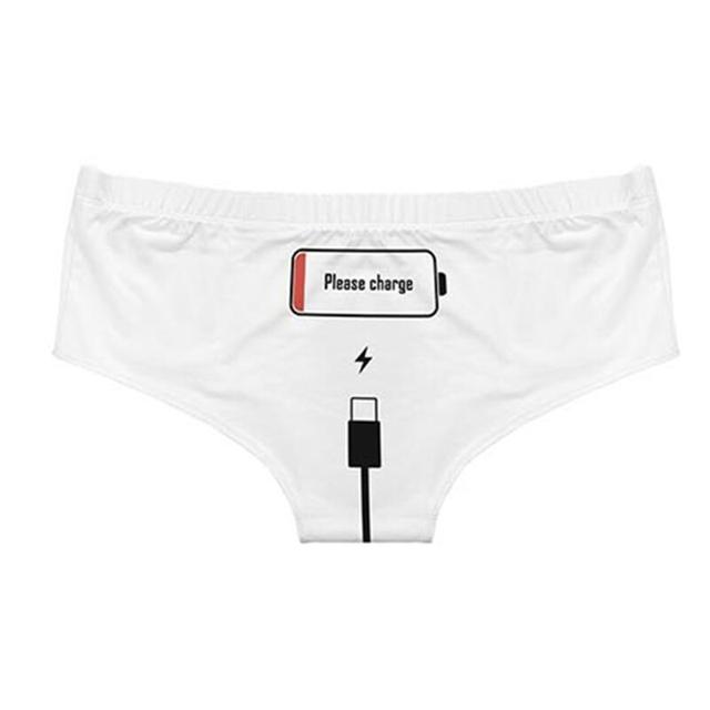 Top view of Femzai Please Charge panties in a crisp white, with a focus on the playful embroidered detail.