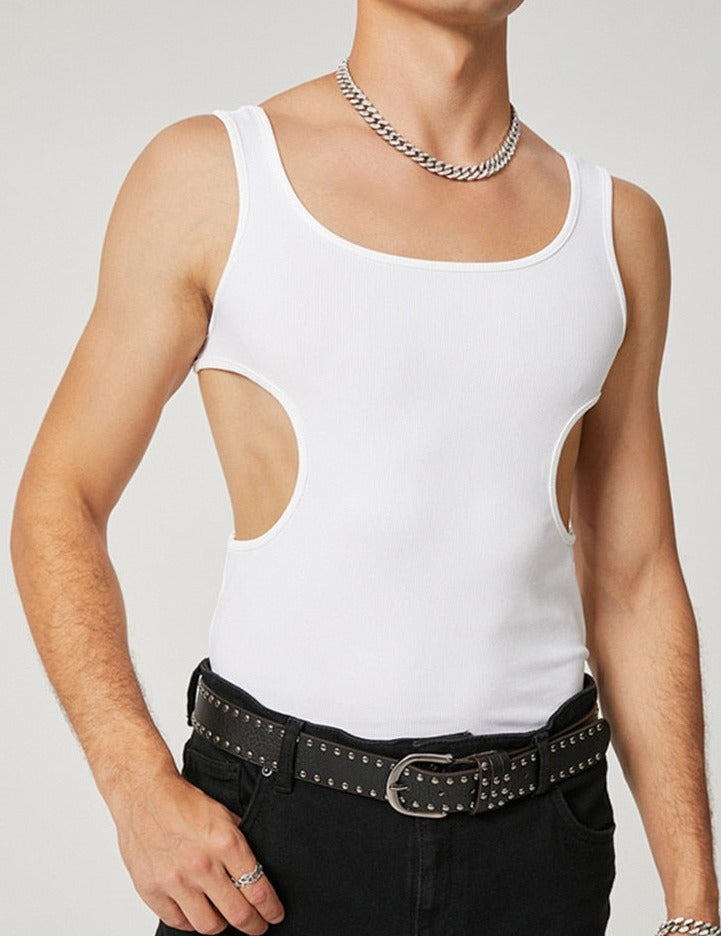 Side view of a young man wearing a white summer tank top with a side cut-out detail, highlighting the shoulder and side torso. He's wearing a thick silver chain necklace and a studded black belt.