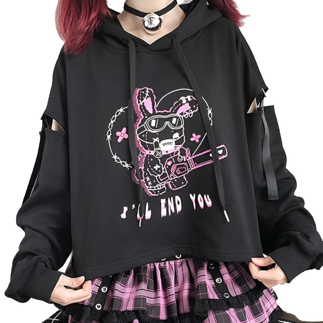 Chainsaw Bunny Cut-Shoulder Hoodie, femzai, front view