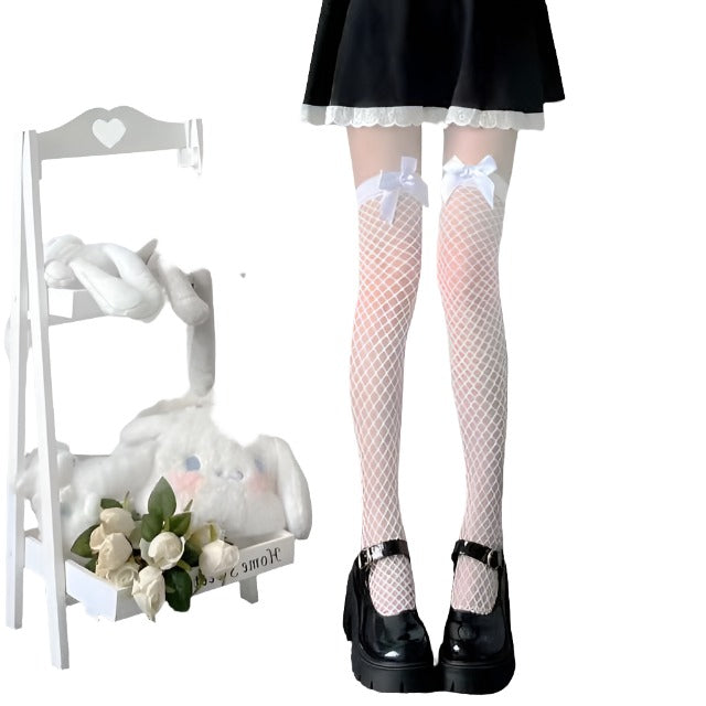 Bowknot Fishnets Stockings, model, thighs, white